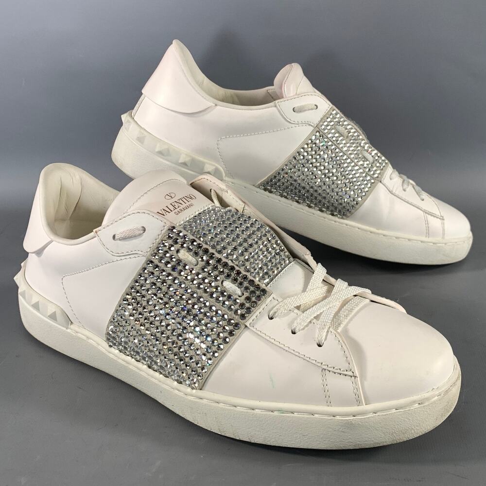 VALENTINO GARAVANI Size 11 White Rhinestone Leather Low Top Sneakers